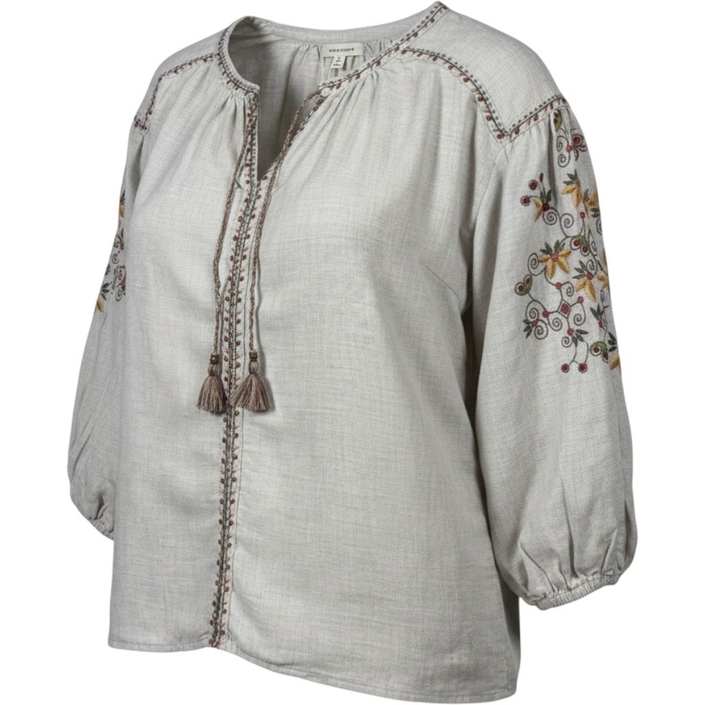 Max Studio Blouse Womens Medium Beige Embroidered Boho Peasant Tassel Top NEW